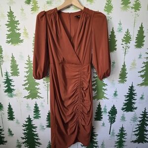 Maison Tara Rust Brown Ruched V-Neck Midi Dress